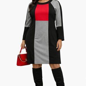 ASHRO Maxi Dress Black Gray Red Long Sleeve Plus 22